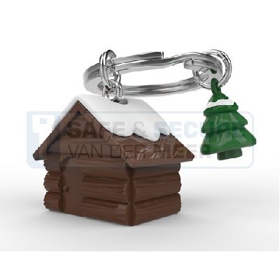 Metalmorphose sleutelhanger bruine blokhut met sneeuwdak  en spar 