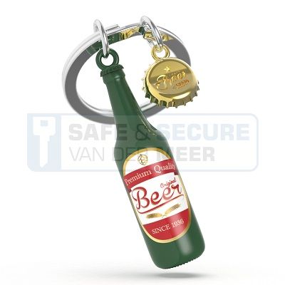Metalmorphose sleutelhanger bierfles met goudkleurige dop 