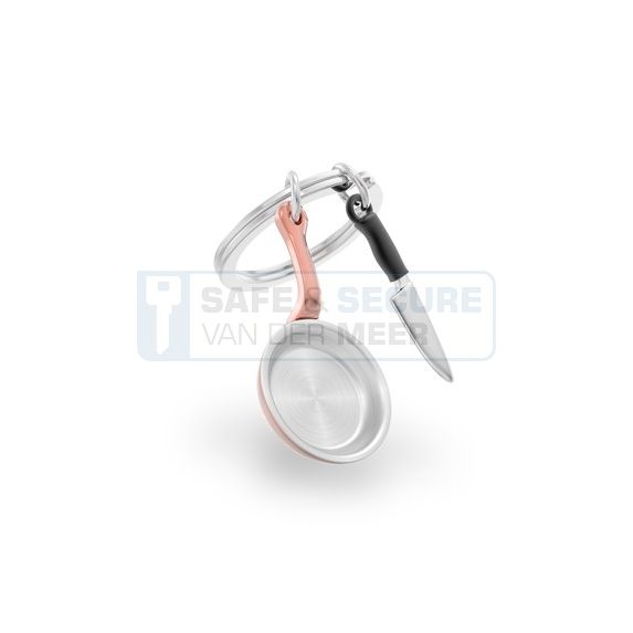 Metalmorphose sleutelhanger koekenpan met koksmes 